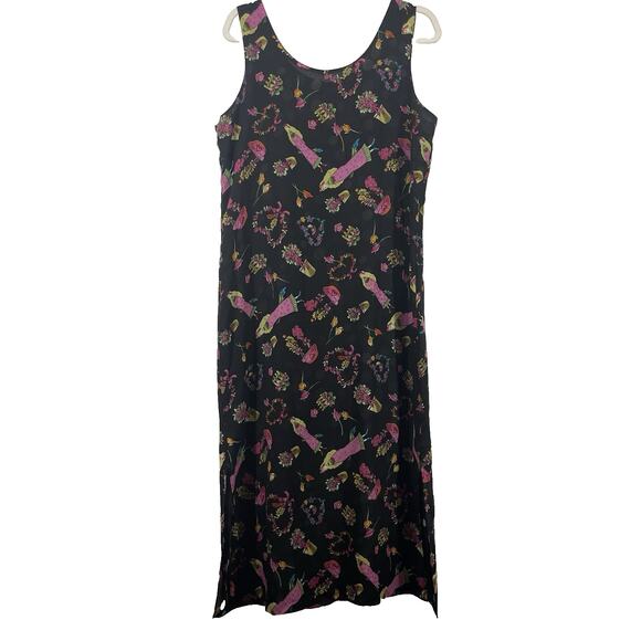 Vintage Size Large Reversible Maxi Dress Black Floral Polka Dot Unique Novelty - Picture 1 of 7
